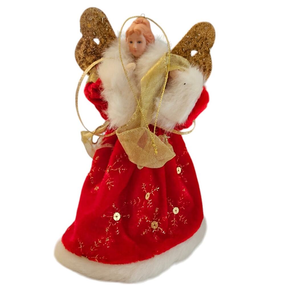 Vintage Christmas Tree Topper Angel Red White Porcelain Gold Wings